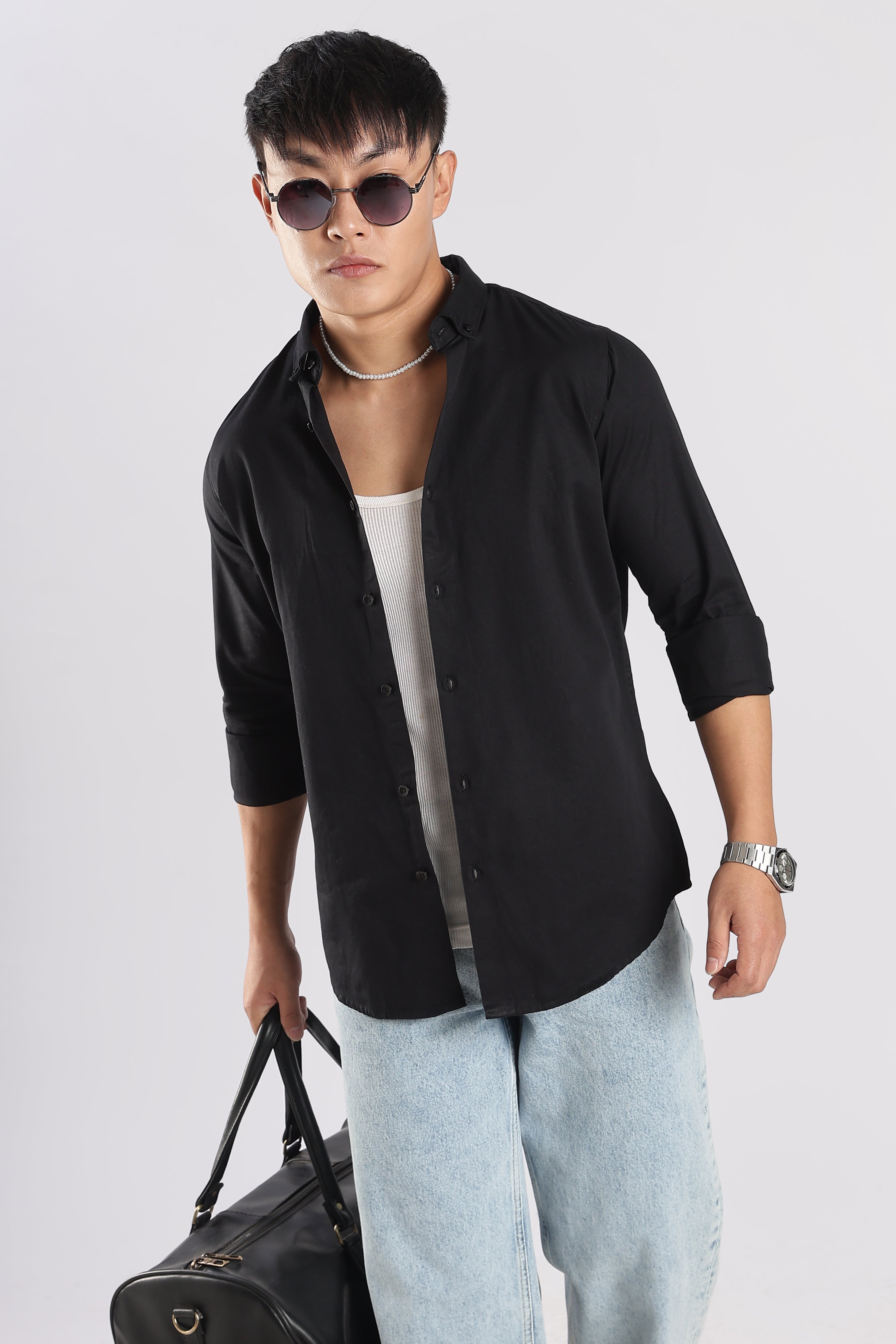 Men Army Twill Shirts-Black