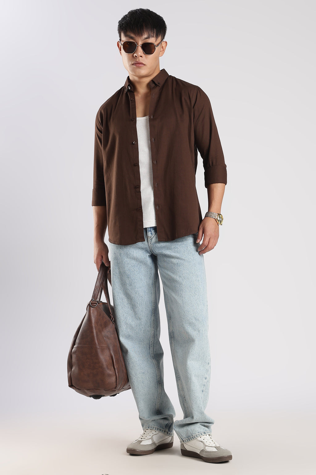 Men Army Twill Shirts-Brown