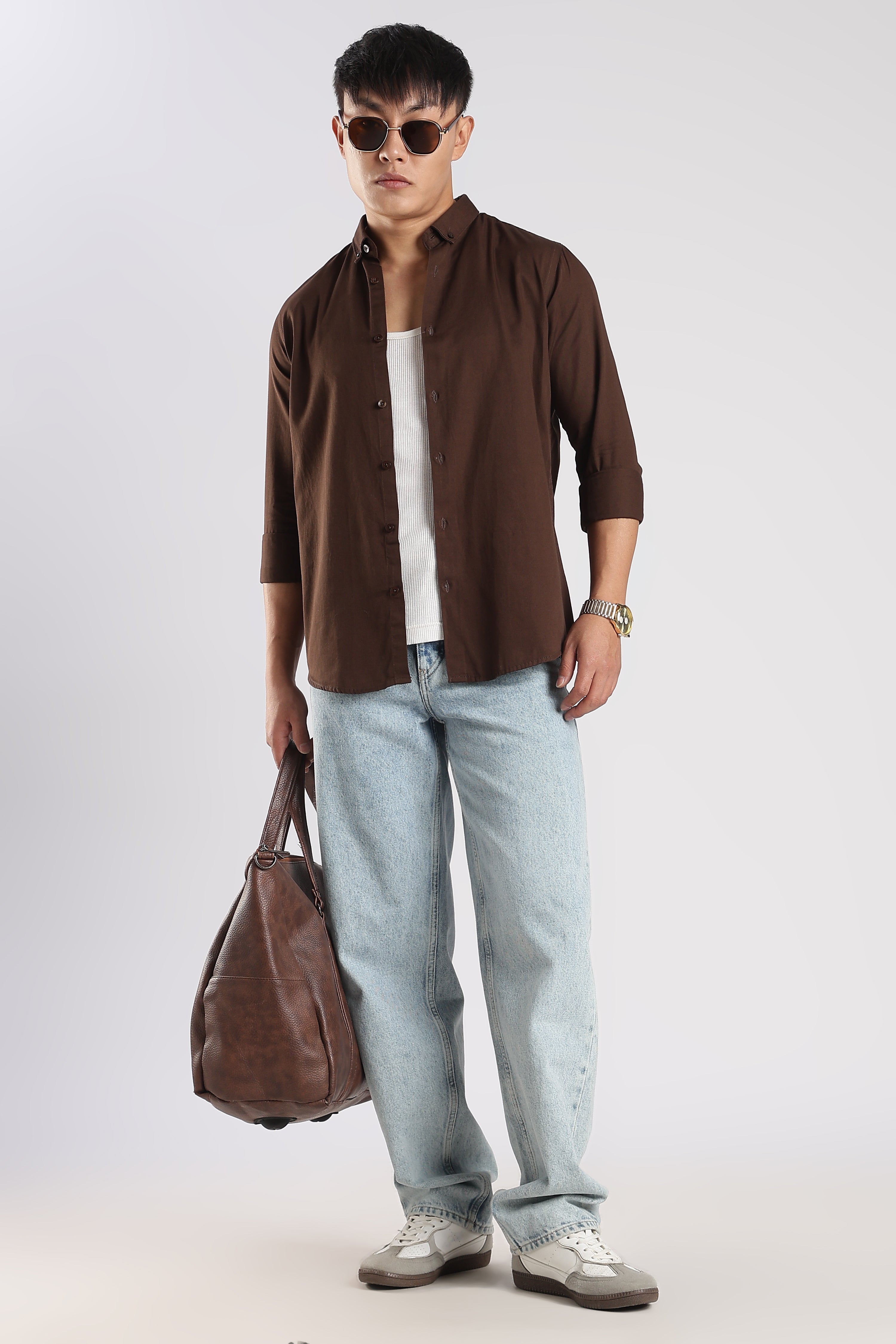Men Army Twill Shirts-Brown