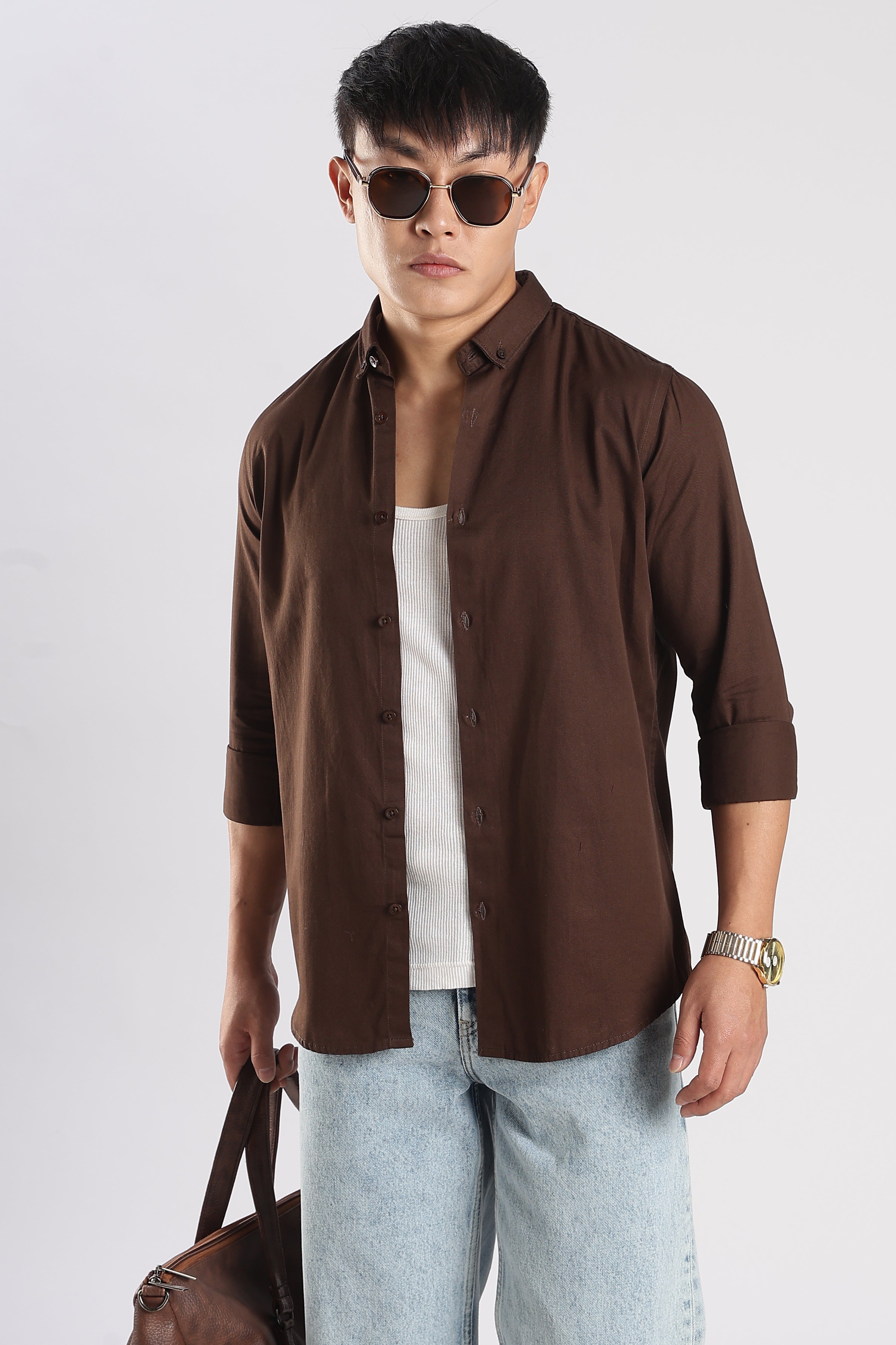 Men Army Twill Shirts-Brown