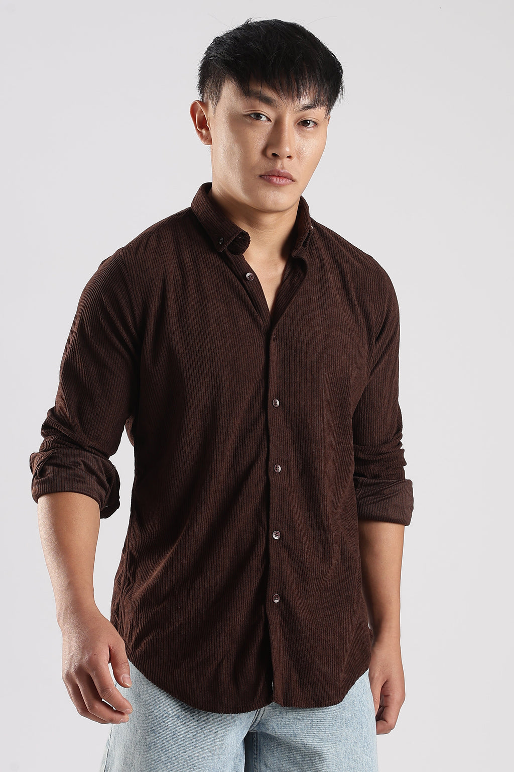 Men Corduroy Shirts-Brown