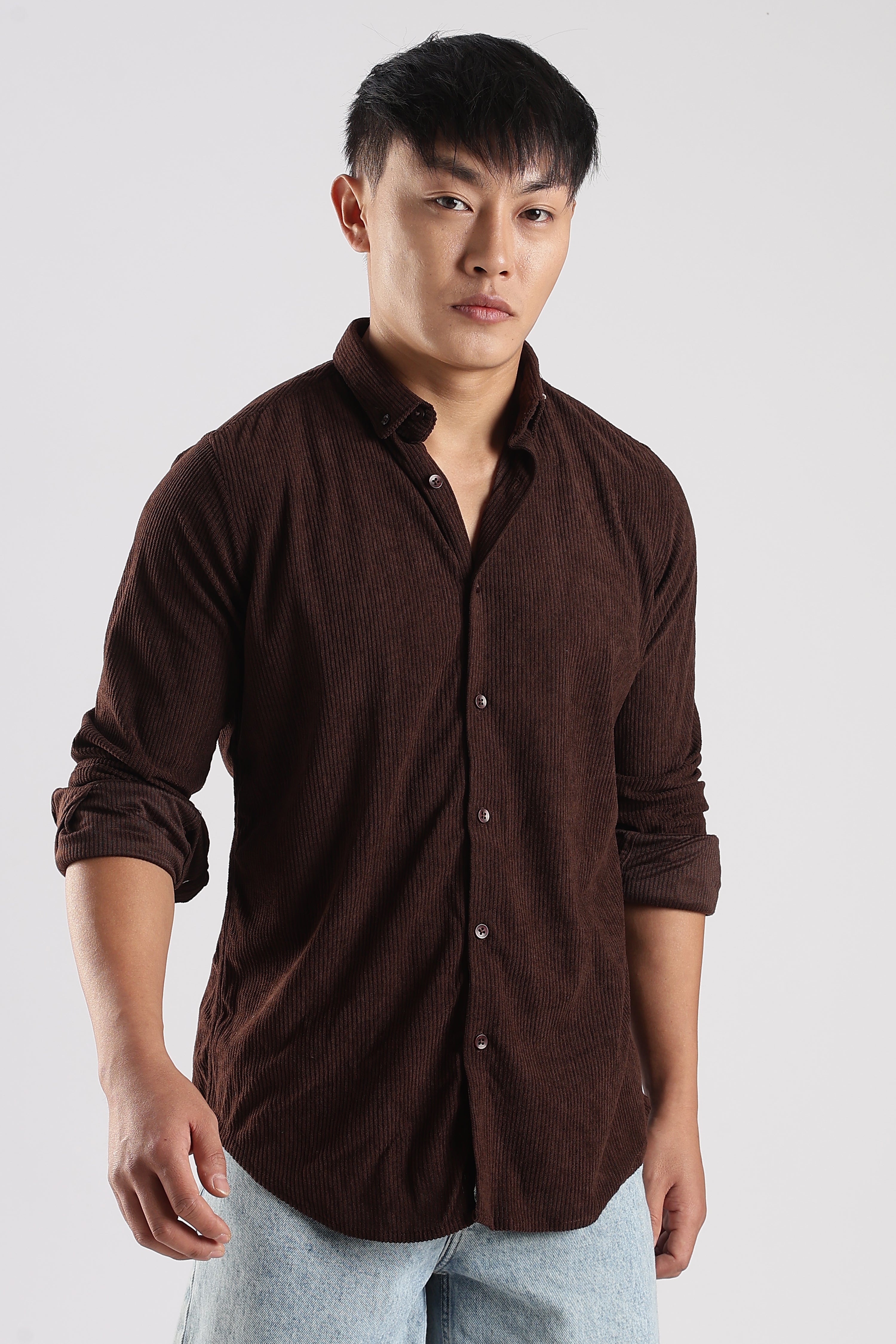 Men Corduroy Shirts-Brown