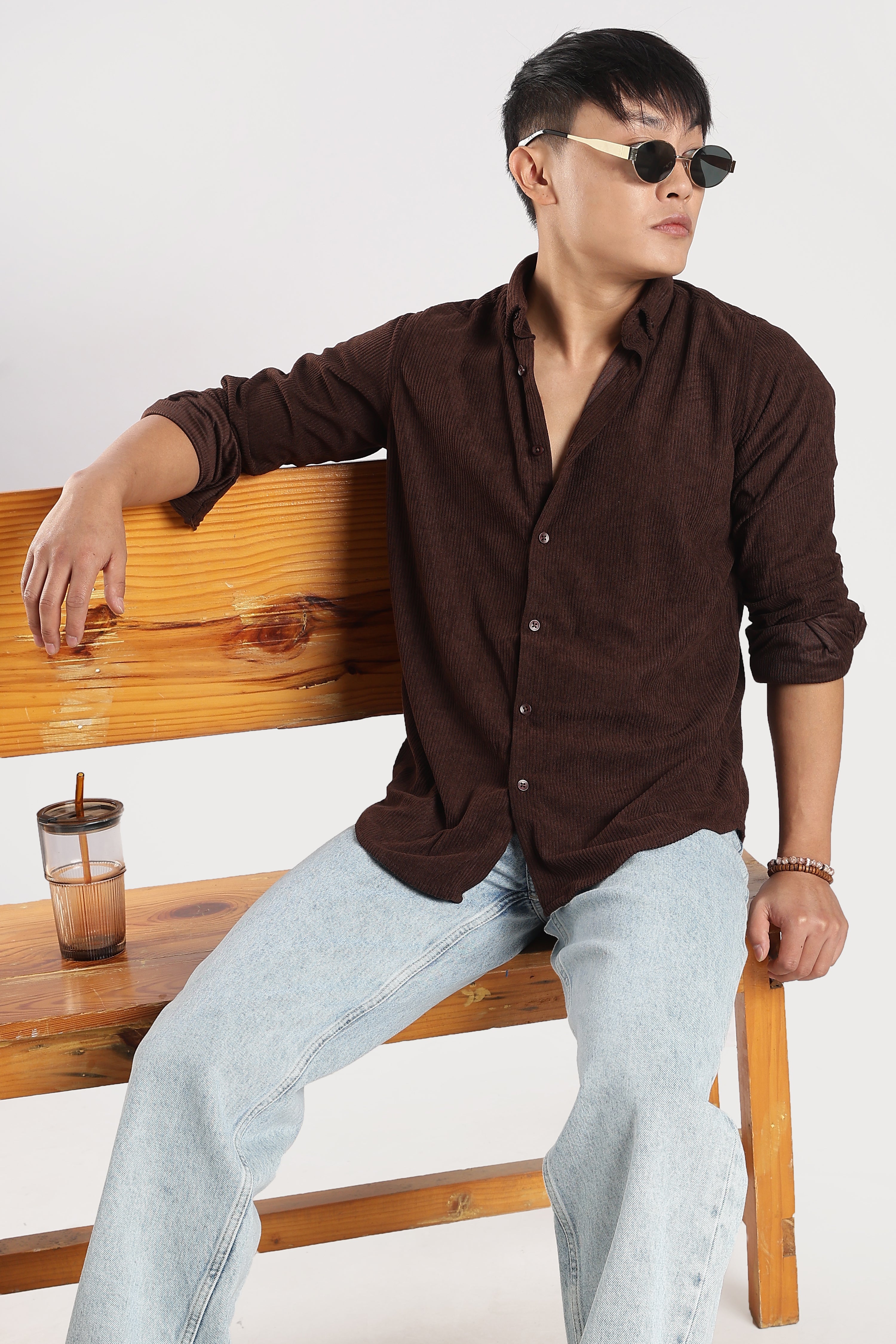 Men Corduroy Shirts-Brown
