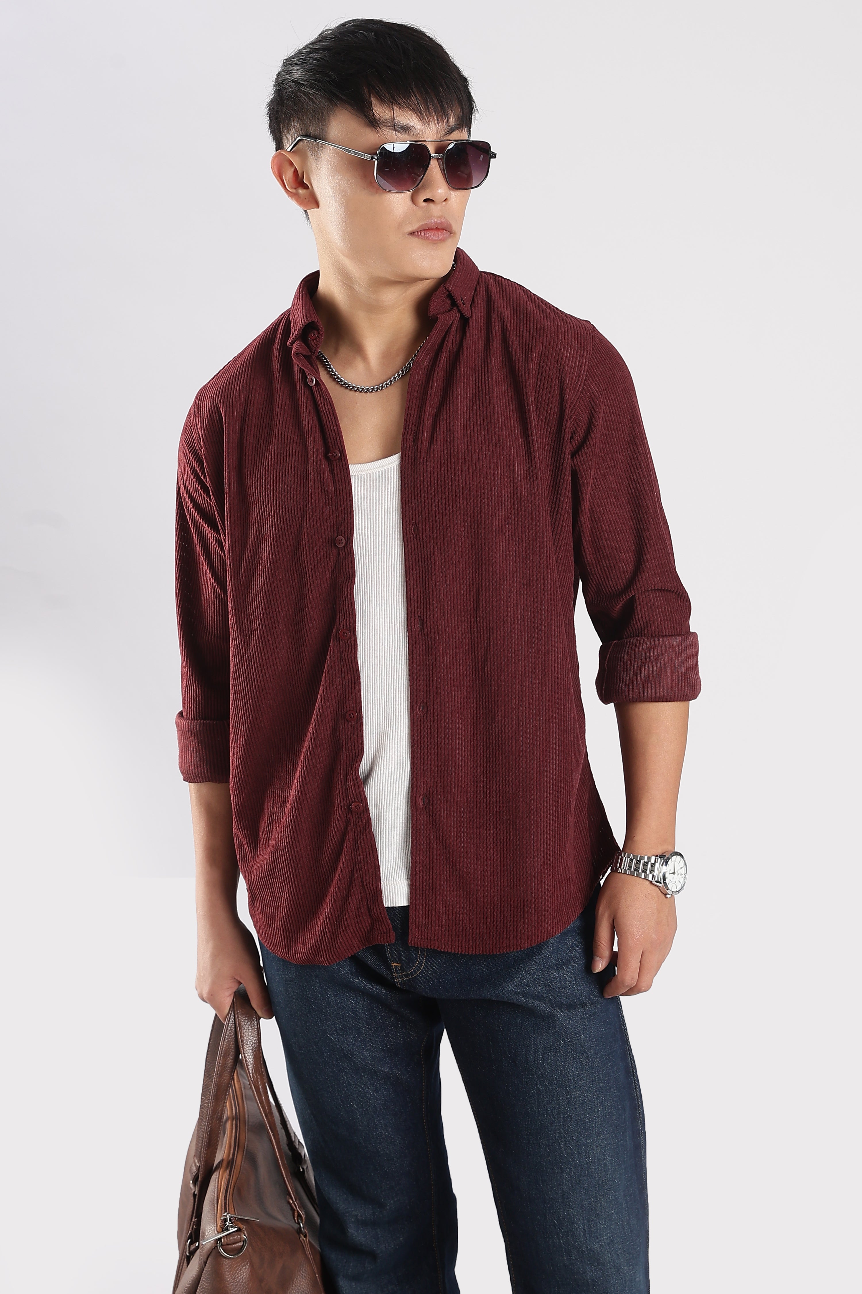 Men Corduroy Shirts-Maroon