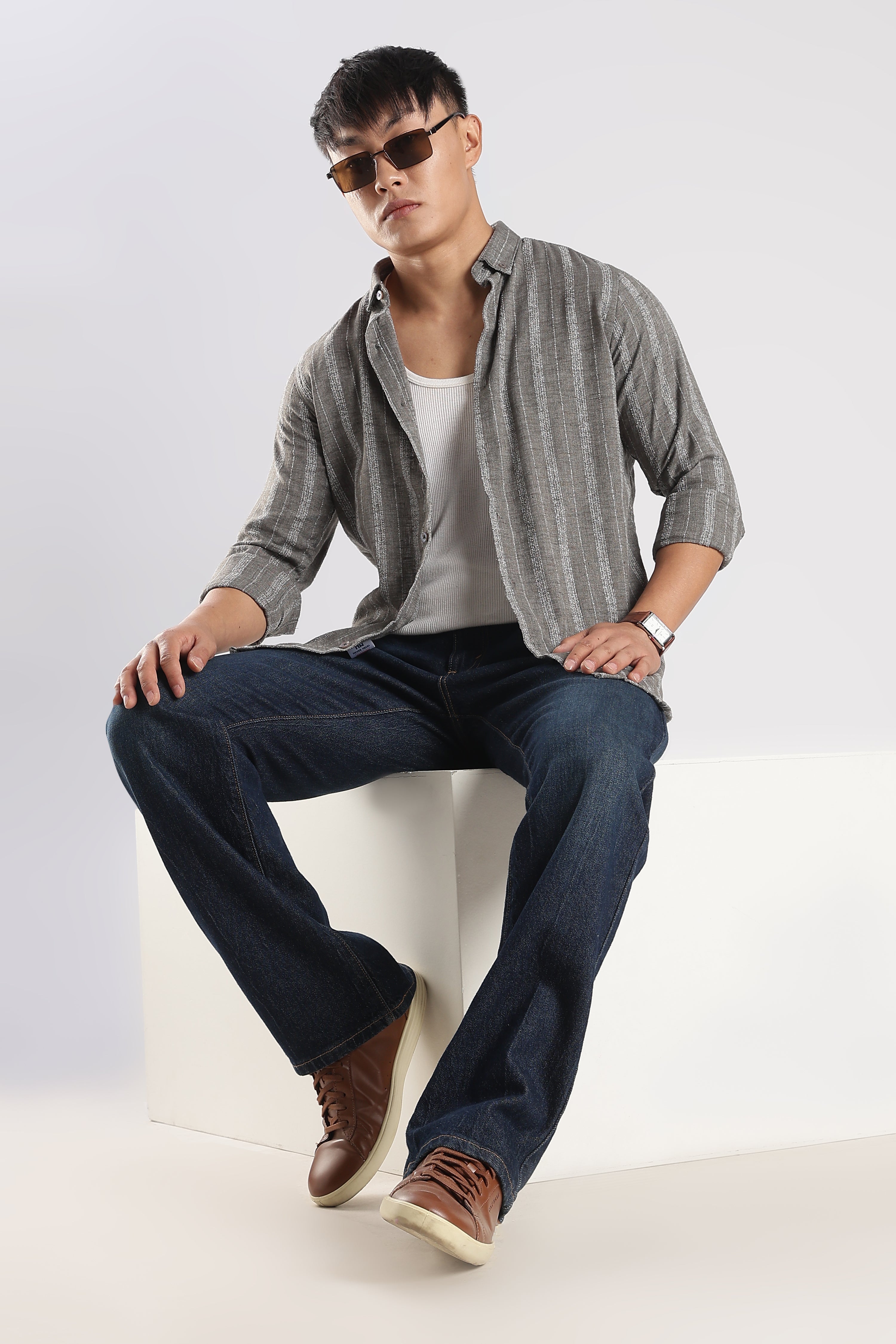 Men Milange Linen Stripes Shirts-Grey