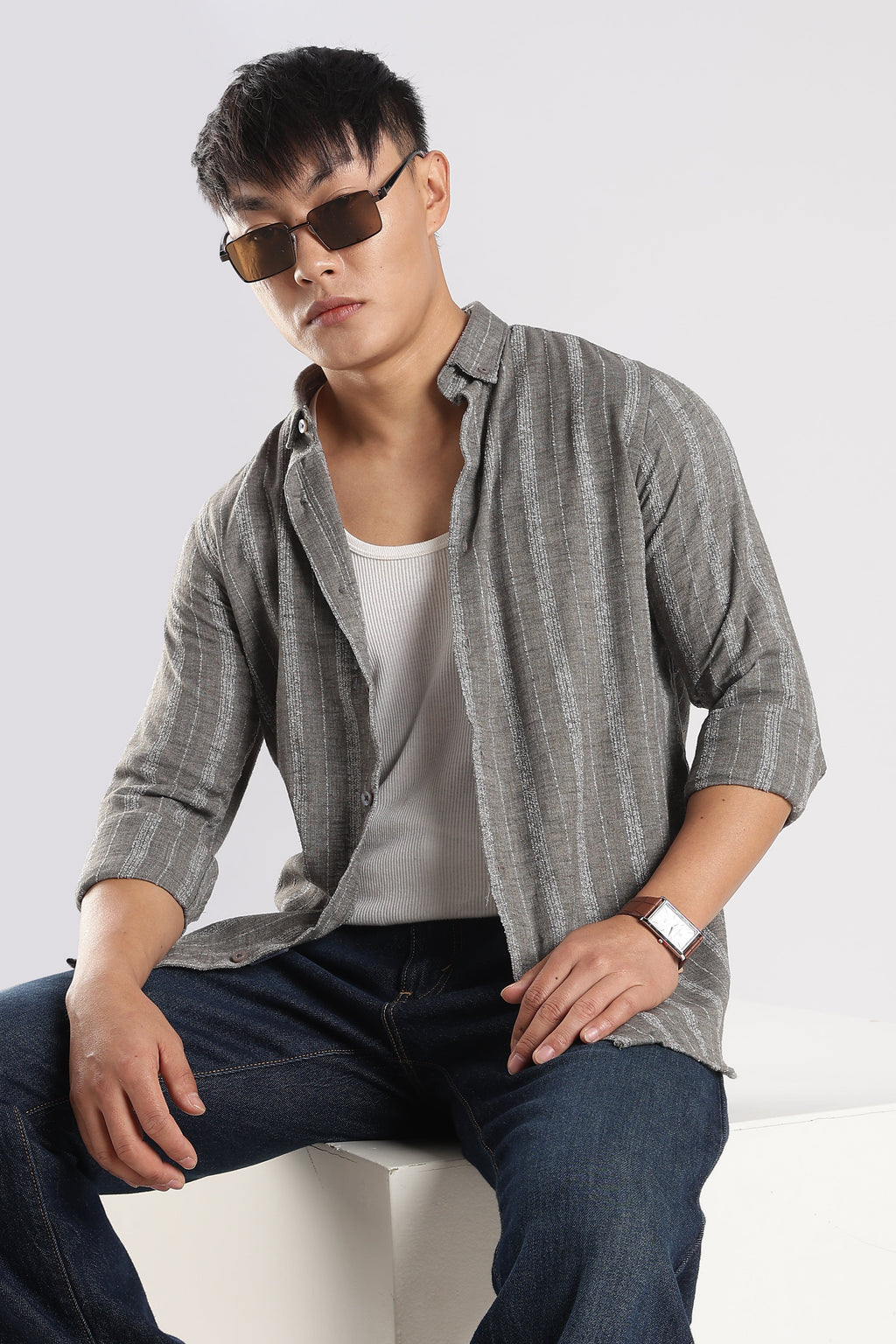 Men Milange Linen Stripes Shirts-Grey