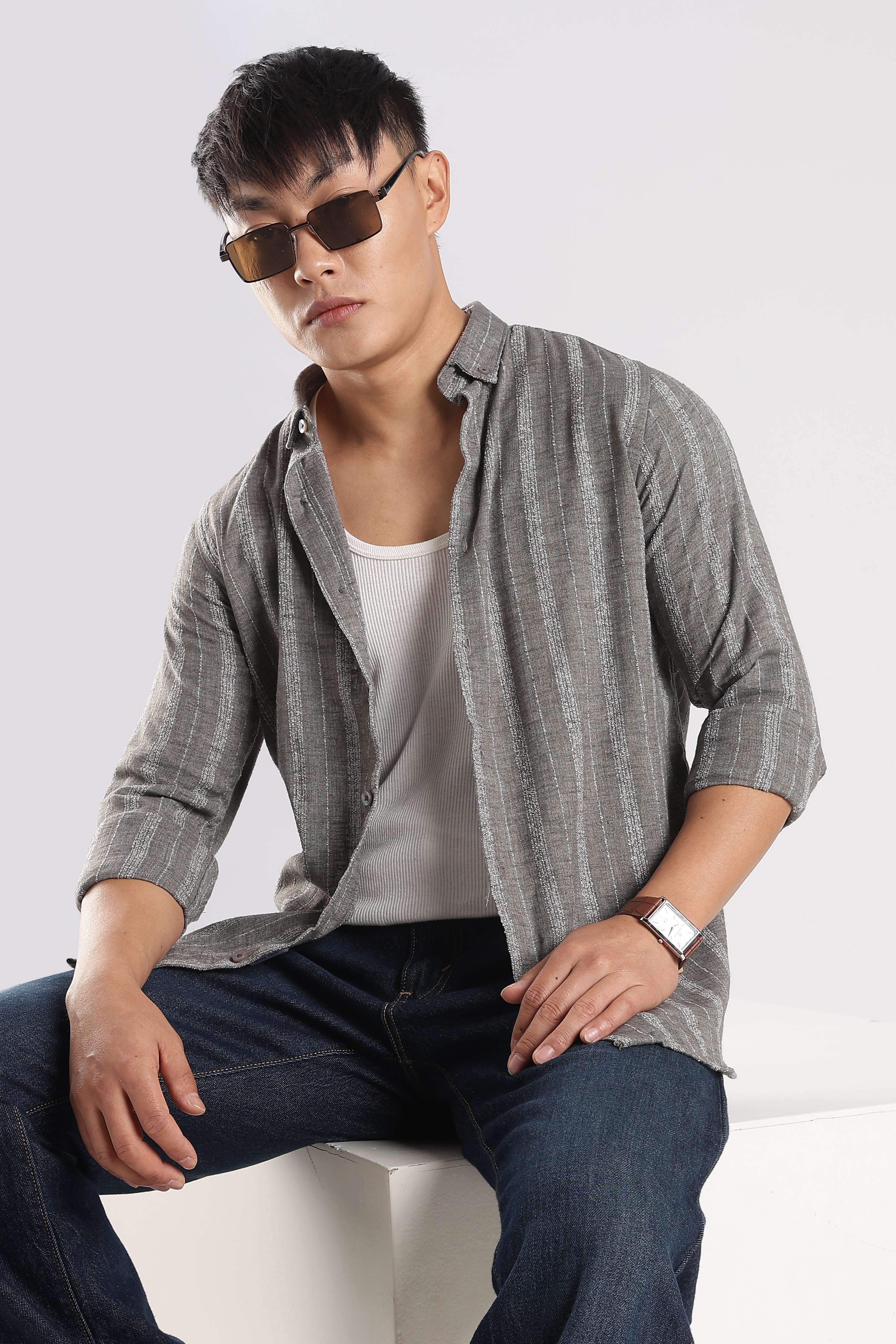 Men Milange Linen Stripes Shirts-Grey