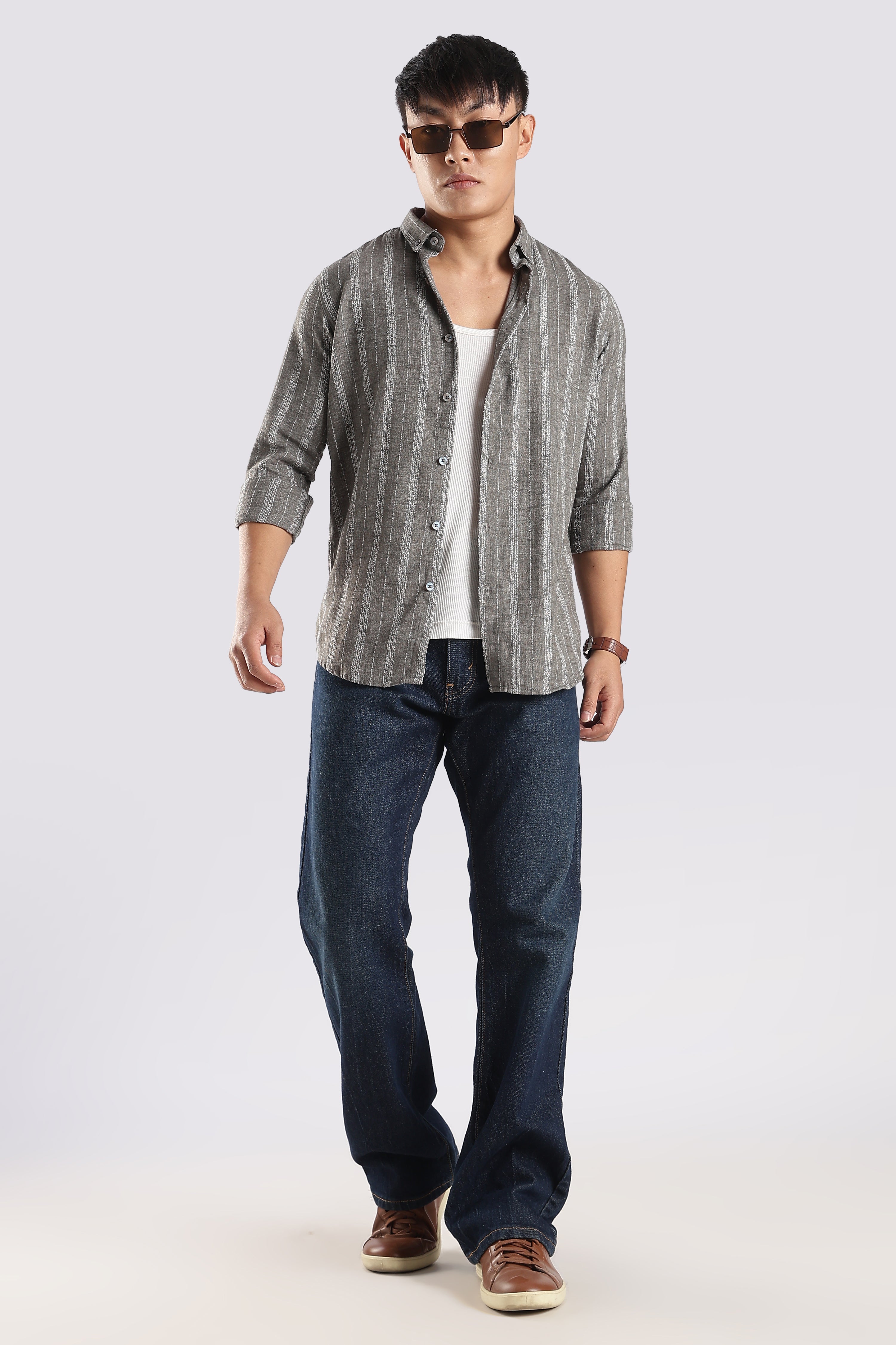 Men Milange Linen Stripes Shirts-Grey