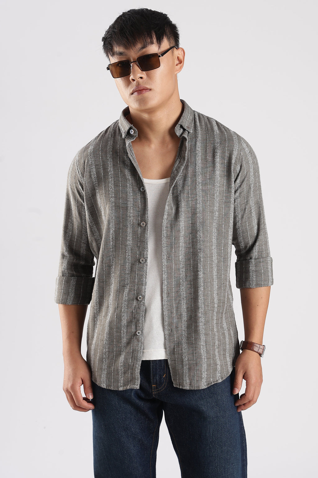 Men Milange Linen Stripes Shirts-Grey