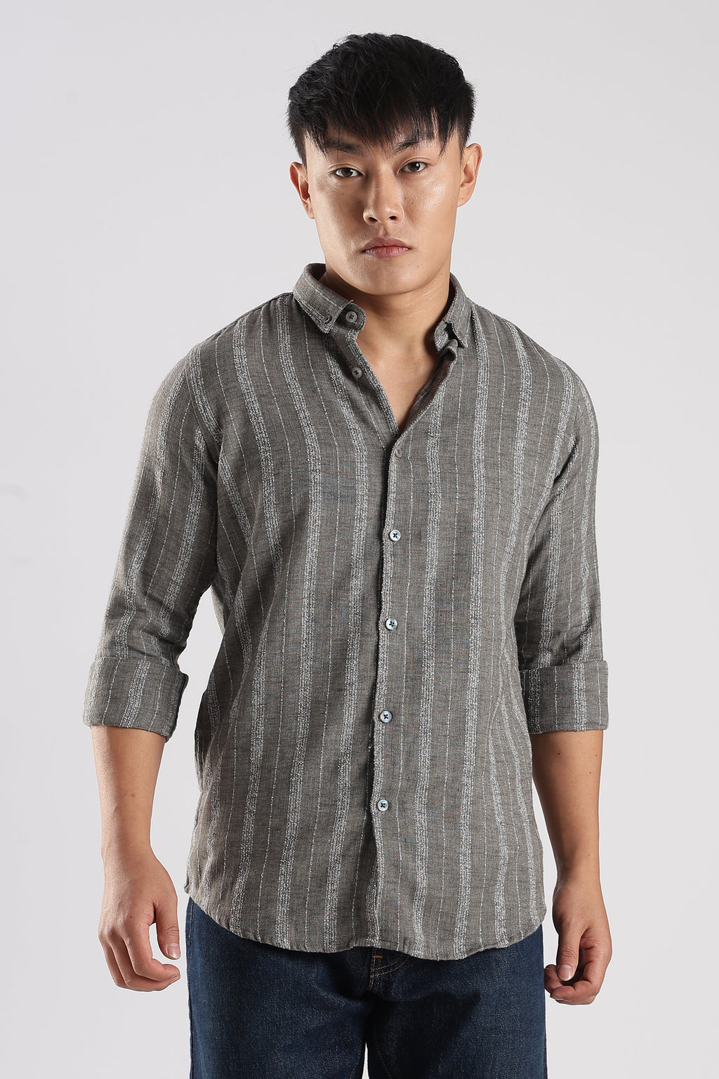 Men Milange Linen Stripes Shirts-Grey