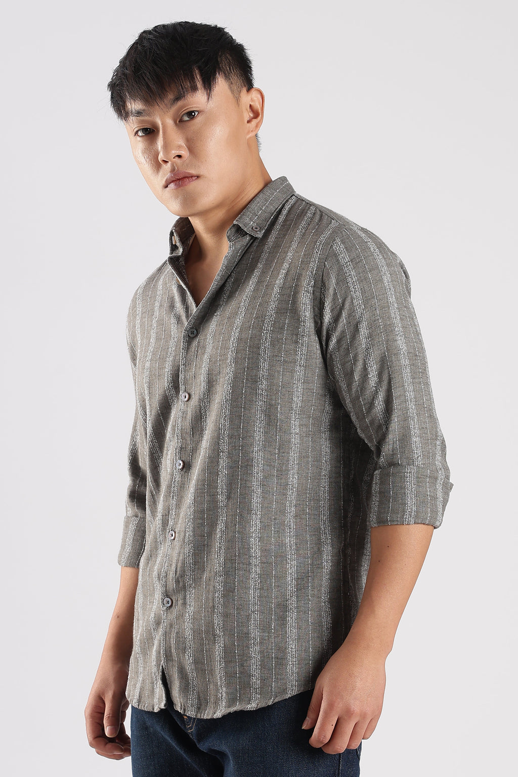 Men Milange Linen Stripes Shirts-Grey