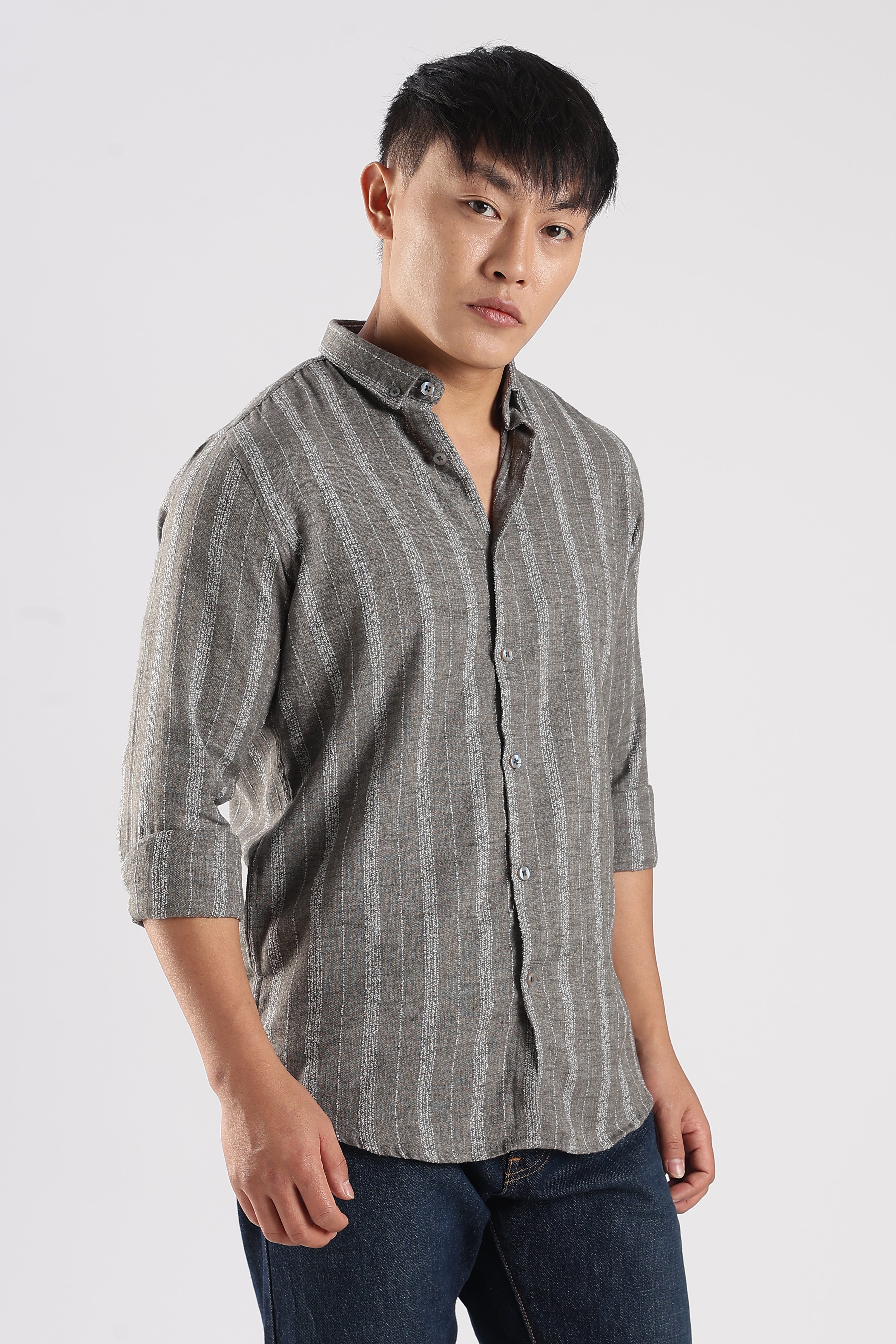 Men Milange Linen Stripes Shirts-Grey