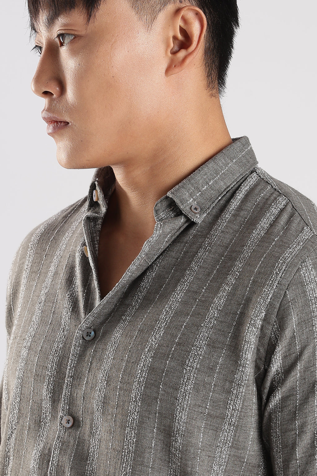 Men Milange Linen Stripes Shirts-Grey