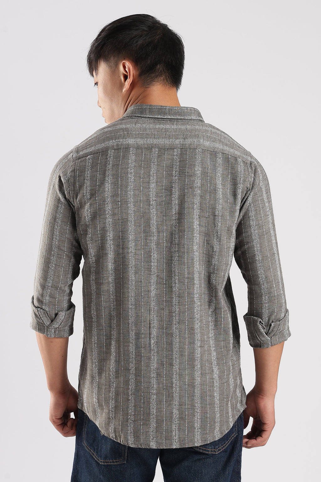 Men Milange Linen Stripes Shirts-Grey