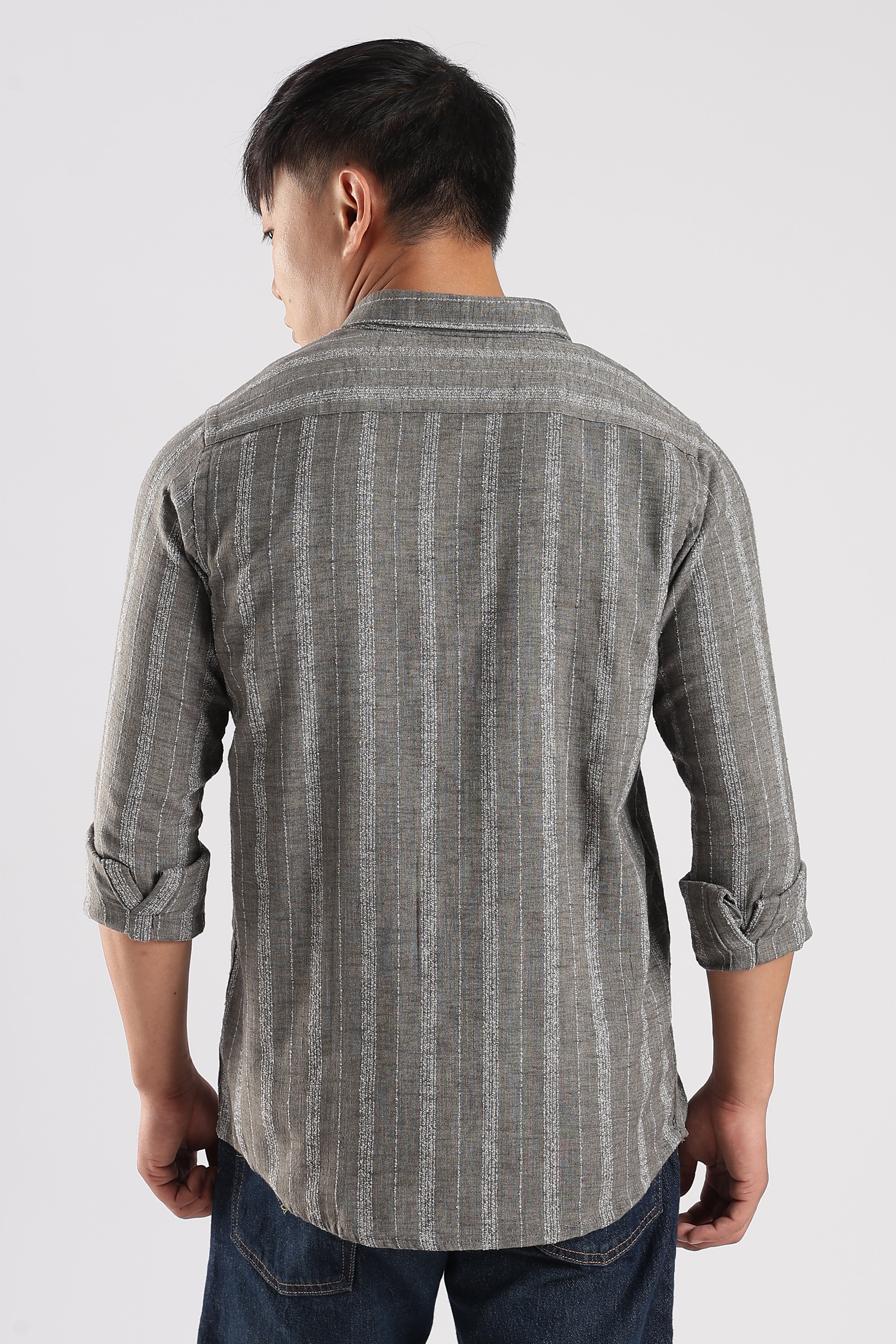 Men Milange Linen Stripes Shirts-Grey