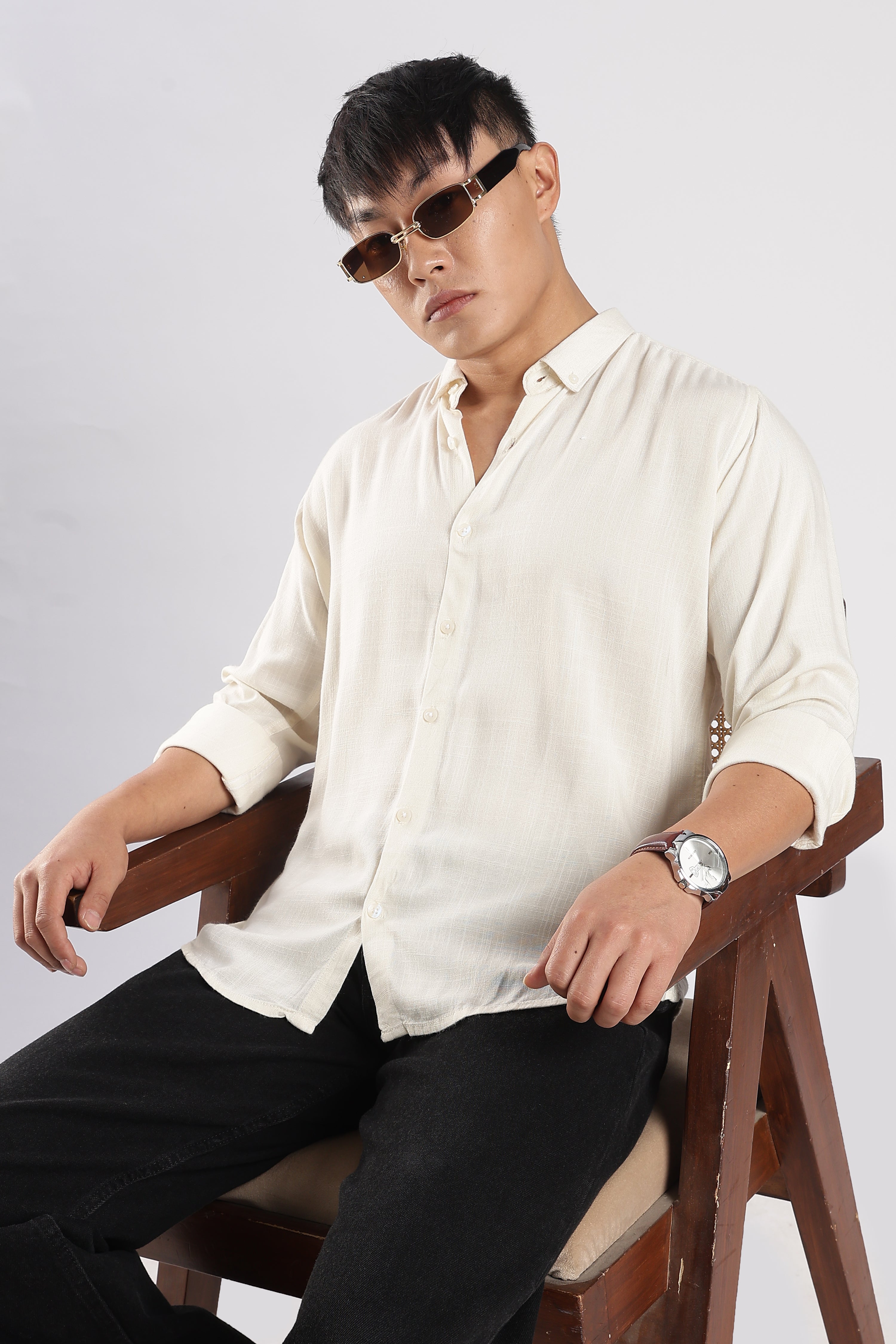 Men Linen Mix Shirts-Cream