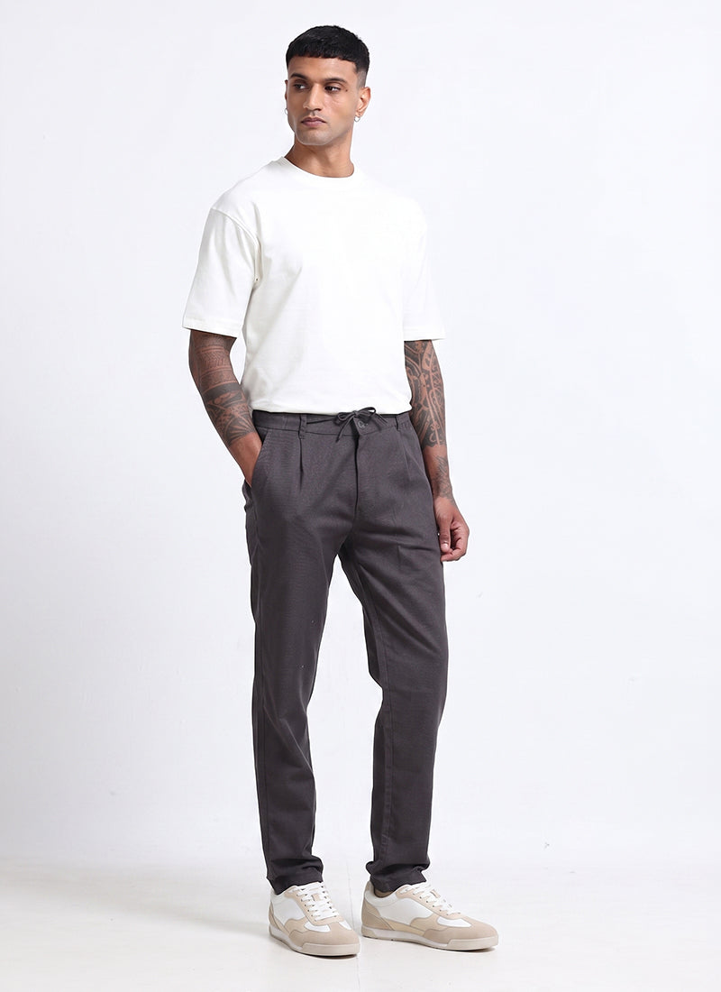 BREEZY LINEN Regular Fit Drawstring Trousers Anthracite Grey
