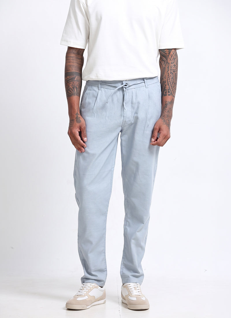 BREEZY LINEN Regular Fit Drawstring Trousers Light Blue