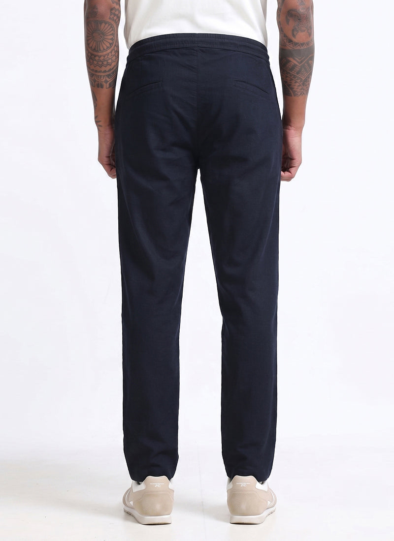BREEZY LINEN Regular Fit Drawstring Trousers Navy Blue