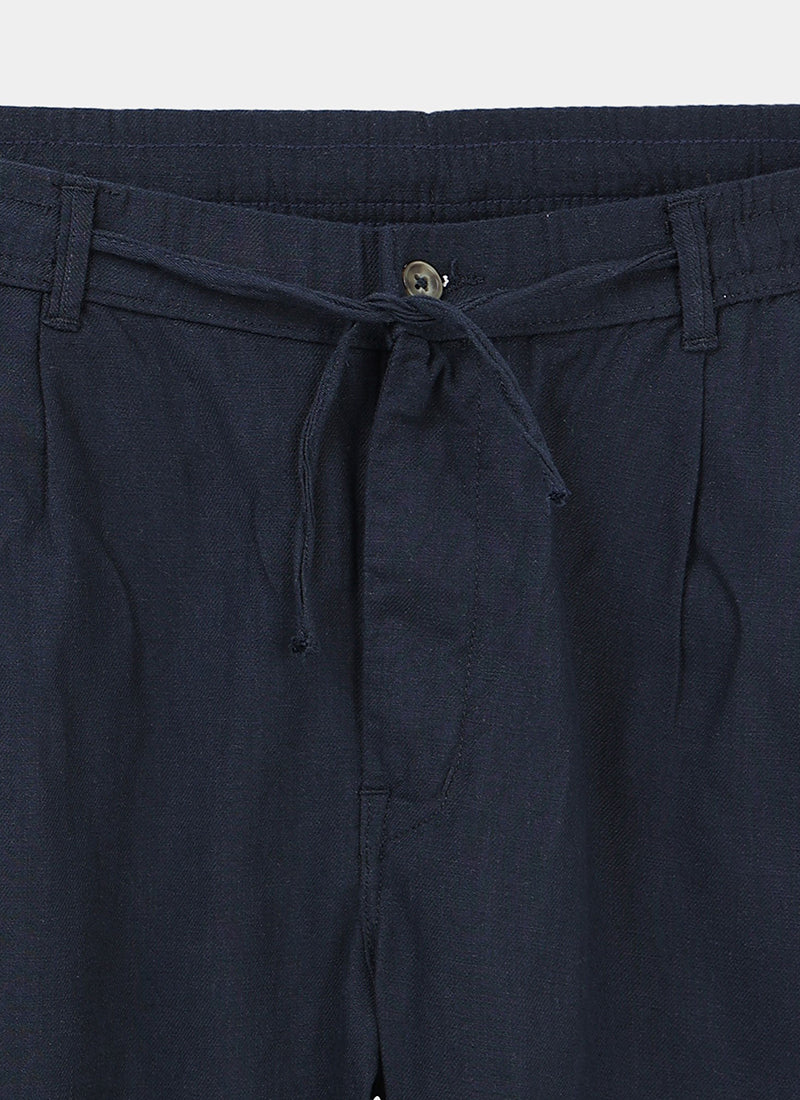 BREEZY LINEN Regular Fit Drawstring Trousers Navy Blue