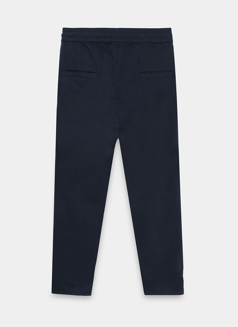 BREEZY LINEN Regular Fit Drawstring Trousers Navy Blue