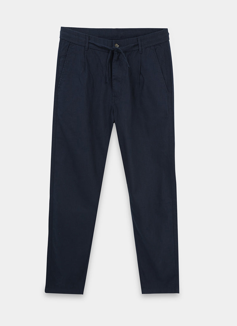 BREEZY LINEN Regular Fit Drawstring Trousers Navy Blue