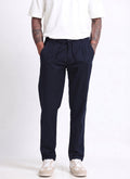 BREEZY LINEN Regular Fit Drawstring Trousers Navy Blue