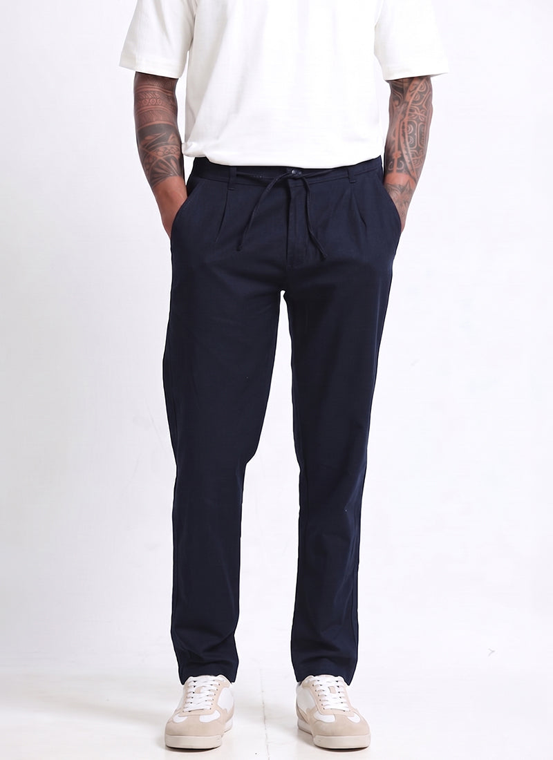 BREEZY LINEN Regular Fit Drawstring Trousers Navy Blue