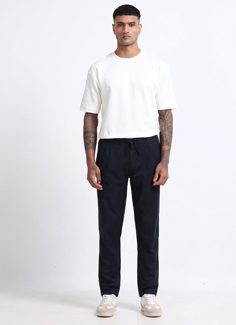BREEZY LINEN Regular Fit Drawstring Trousers Navy Blue