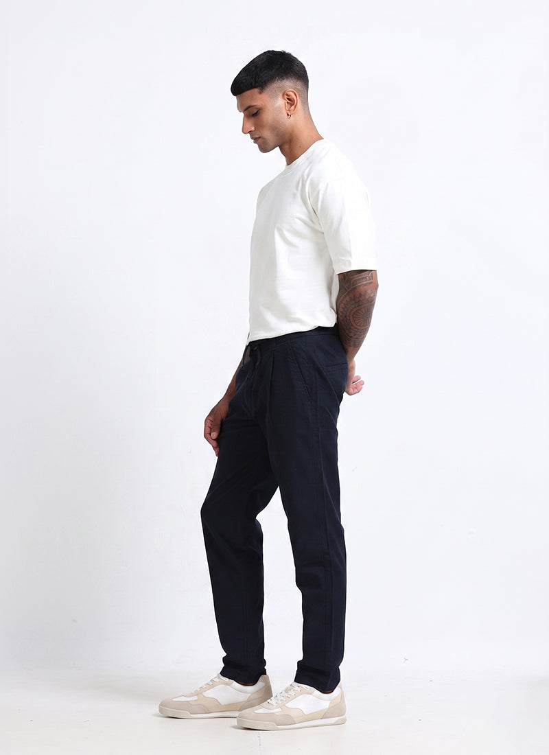 BREEZY LINEN Regular Fit Drawstring Trousers Navy Blue