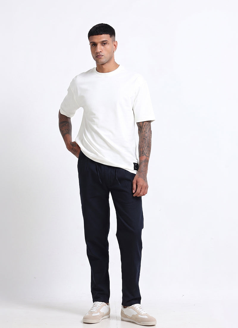 BREEZY LINEN Regular Fit Drawstring Trousers Navy Blue