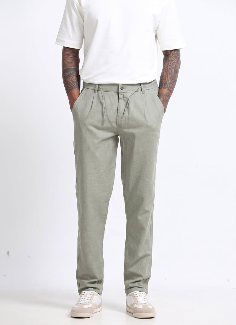 BREEZY LINEN Regular Fit Drawstring Trousers Sage Mist