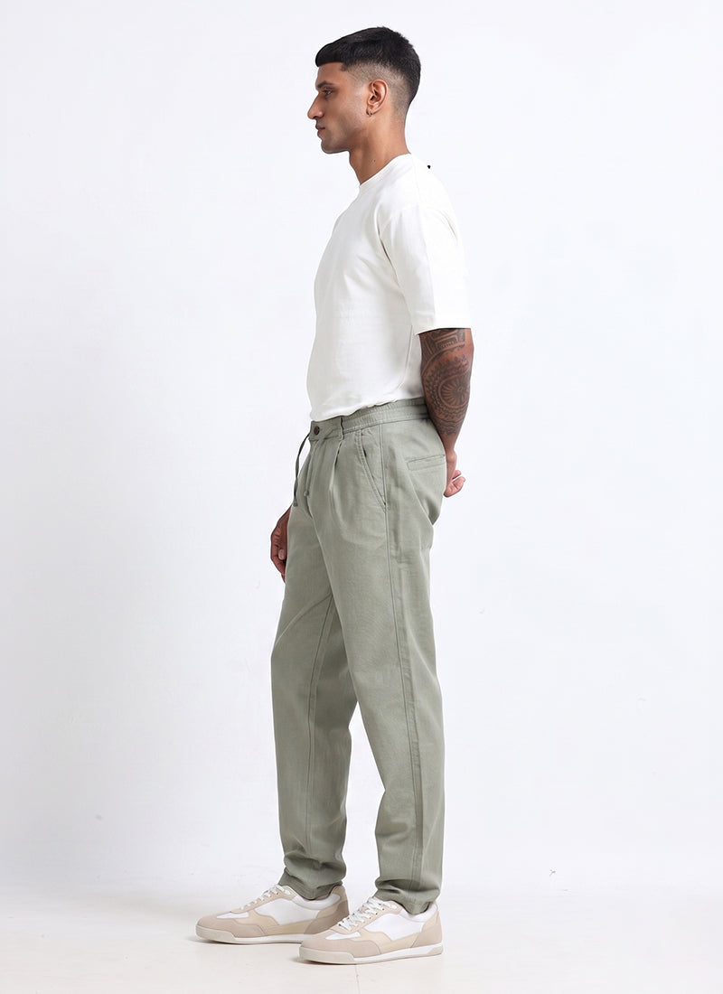 BREEZY LINEN Regular Fit Drawstring Trousers Sage Mist