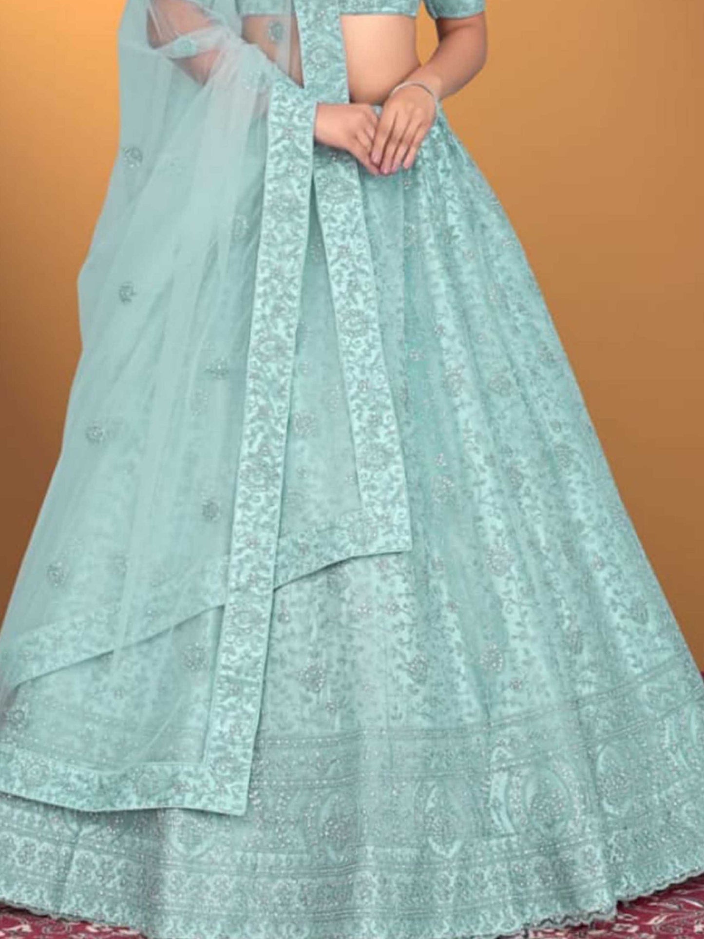 Stylish Net C-Green Lehenga for Women