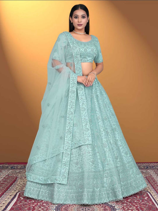 Stylish Net C-Green Lehenga for Women