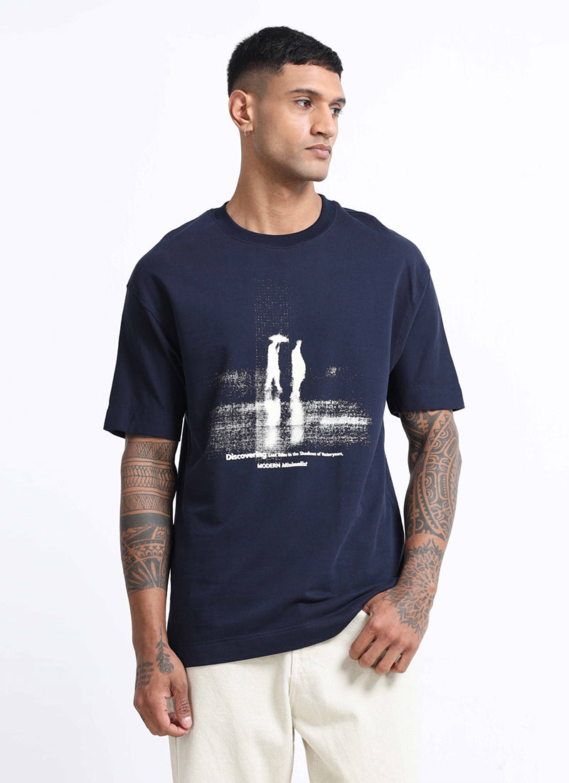 DISCOVERING Oversized Cotton Printed T-Shirt Navy Blue