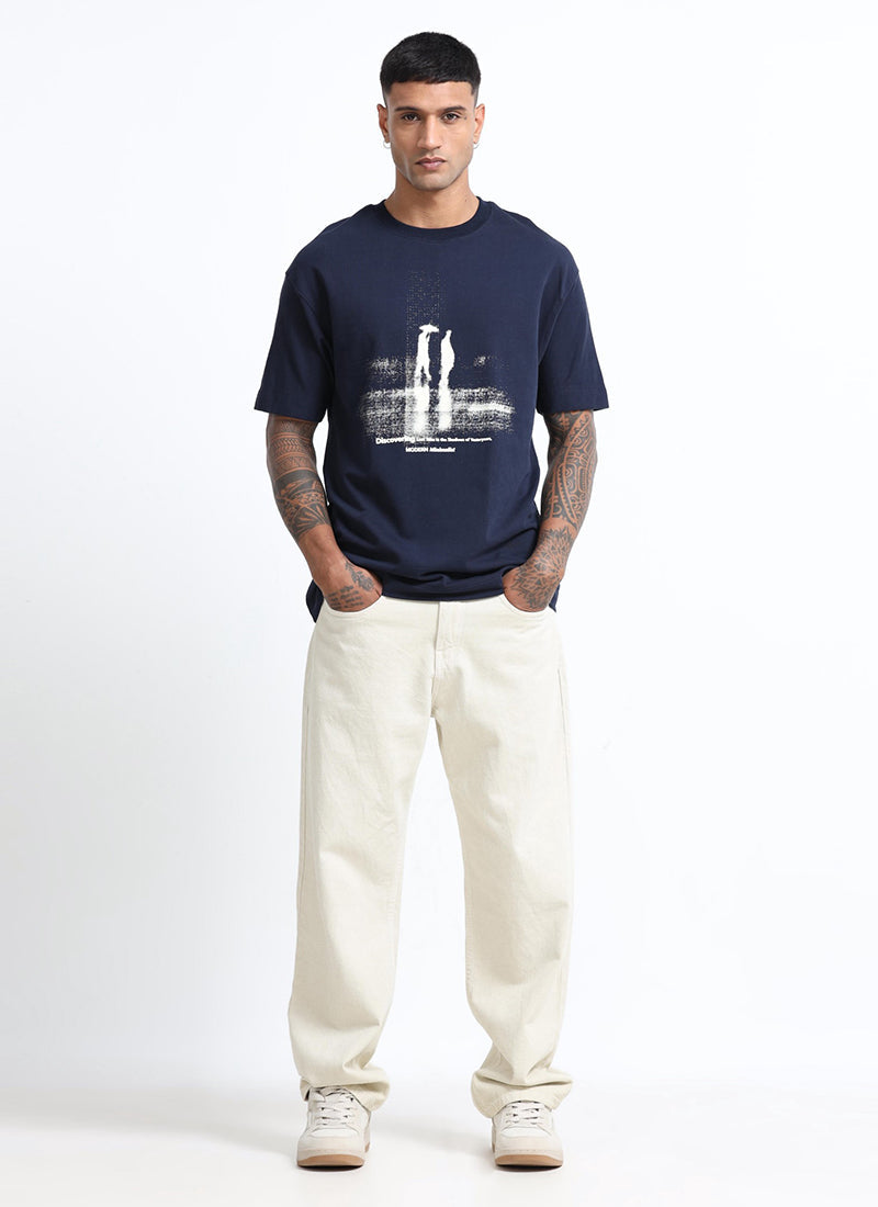 DISCOVERING Oversized Cotton Printed T-Shirt Navy Blue