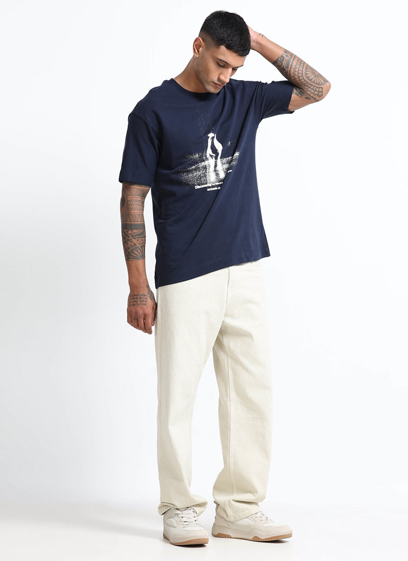 DISCOVERING Oversized Cotton Printed T-Shirt Navy Blue