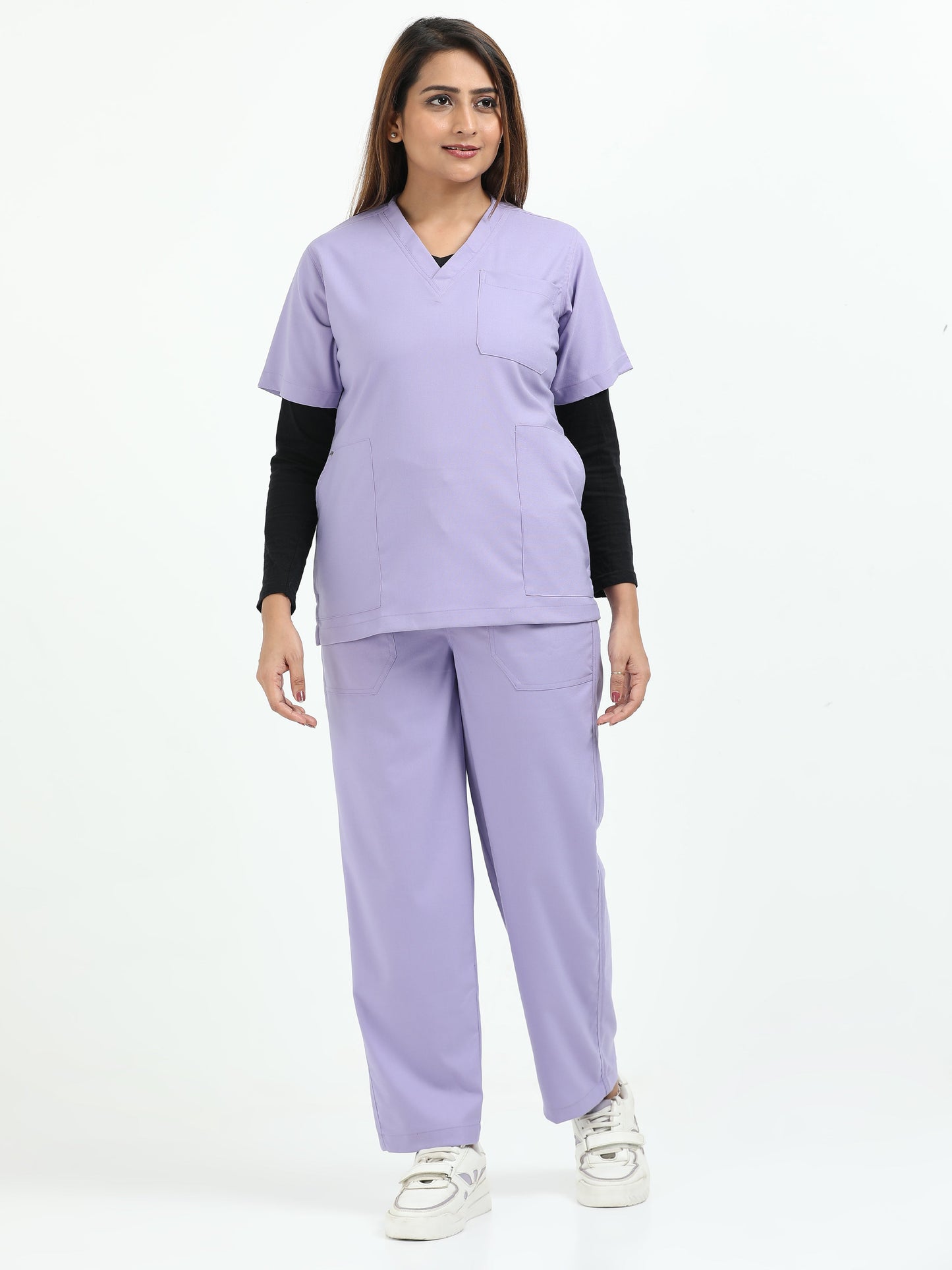 Women’s Pastel Lilac Medical Scrub Set – V-Neck Top & Straight Pants | Twill Fabric, Antibacterial & Soft Comfort – Eco Flex