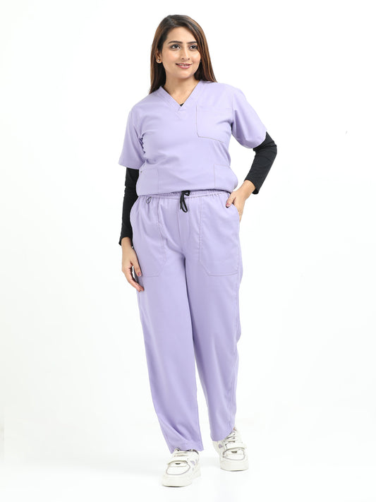 Women’s Pastel Lilac Medical Scrub Set – V-Neck Top & Straight Pants | Twill Fabric, Antibacterial & Soft Comfort – Eco Flex