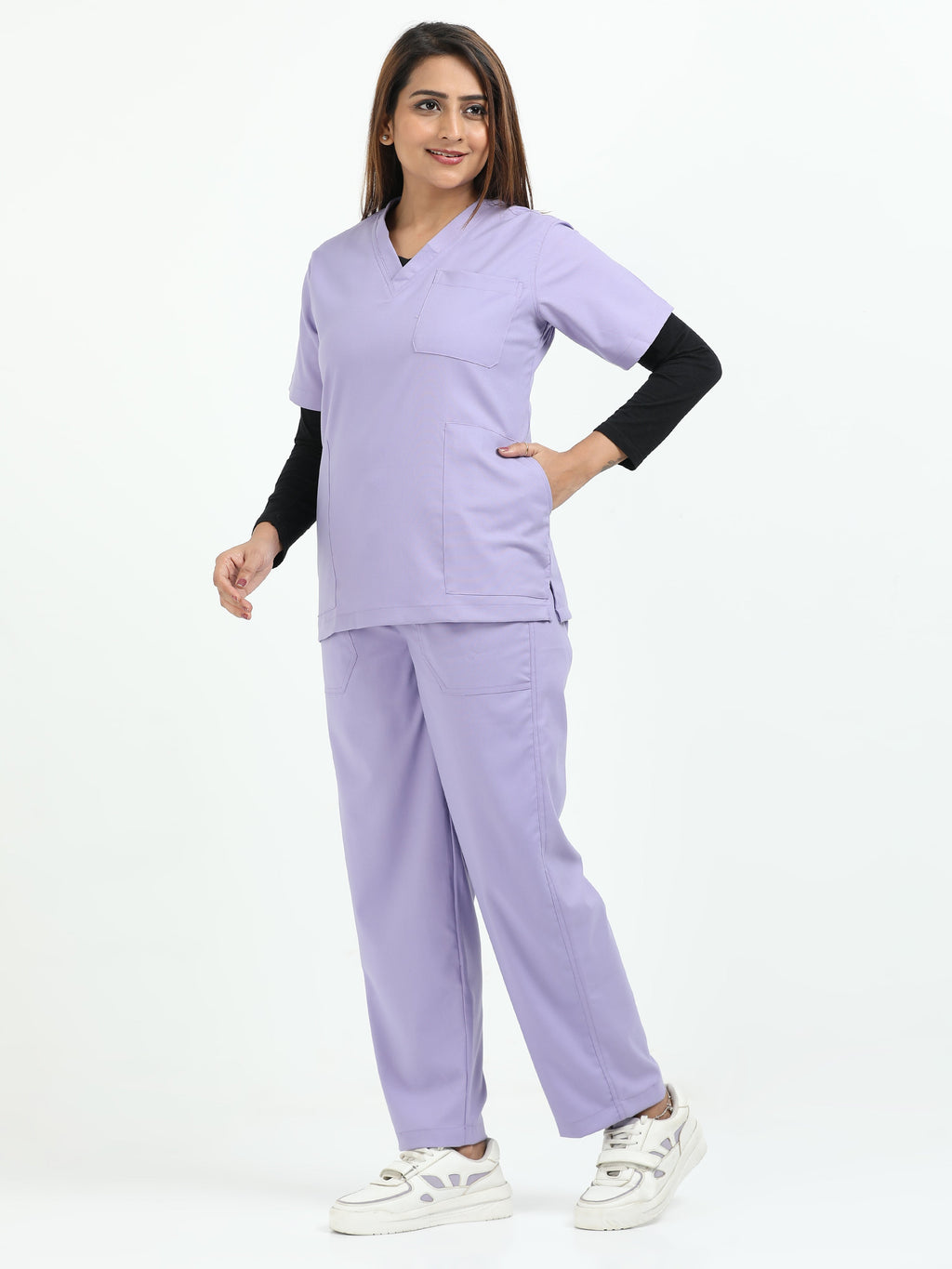 Women’s Pastel Lilac Medical Scrub Set – V-Neck Top & Straight Pants | 2-Way Stretch, Antibacterial & Soft Comfort Fabric – Apollo