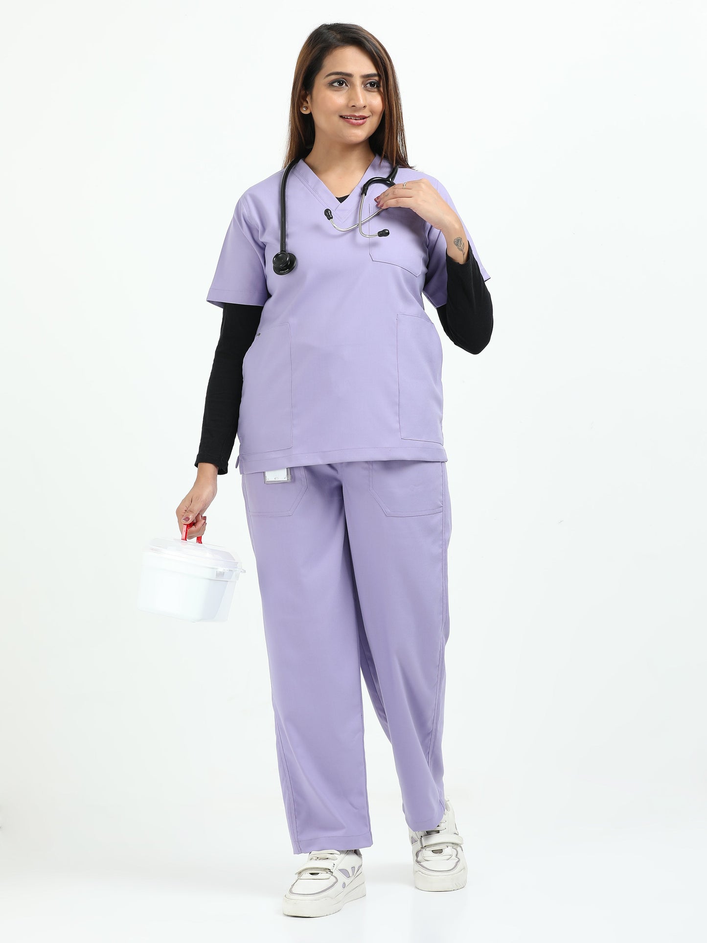 Women’s Pastel Lilac Medical Scrub Set – V-Neck Top & Straight Pants | Twill Fabric, Antibacterial & Soft Comfort – Eco Flex