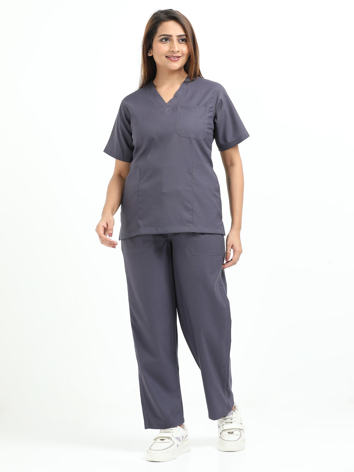 Women’s Heather Grey Medical Scrub Set – V-Neck Top & Straight Pants | Twill Fabric, Antibacterial & Premium Comfort – Eco Flex