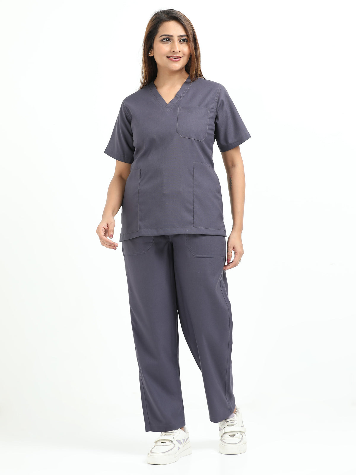 Women’s Heather Grey Medical Scrub Set – V-Neck Top & Straight Pants | Twill Fabric, Antibacterial & Premium Comfort – Eco Flex
