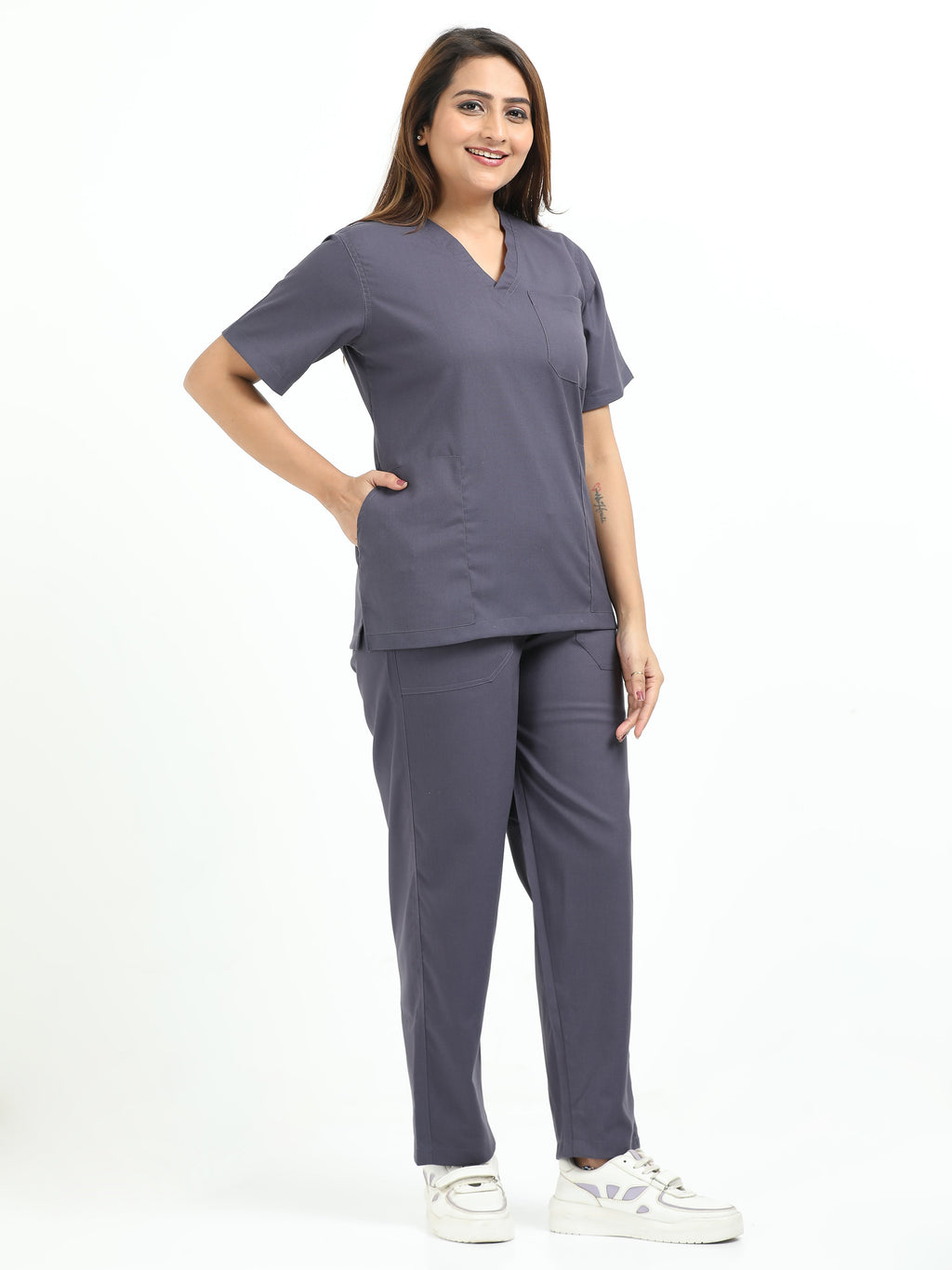 Women’s Heather Grey Medical Scrub Set – V-Neck Top & Straight Pants | Twill Fabric, Antibacterial & Premium Comfort – Eco Flex