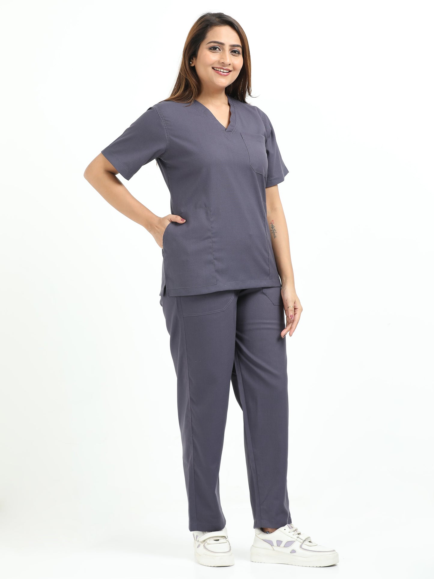 Women’s Heather Grey Medical Scrub Set – V-Neck Top & Straight Pants | Twill Fabric, Antibacterial & Premium Comfort – Eco Flex