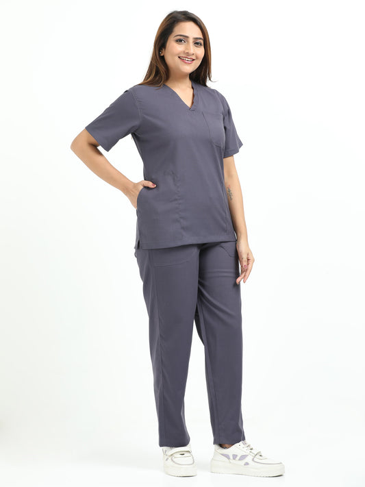 Women’s Heather Grey Medical Scrub Set – V-Neck Top & Straight Pants | Twill Fabric, Antibacterial & Premium Comfort – Eco Flex