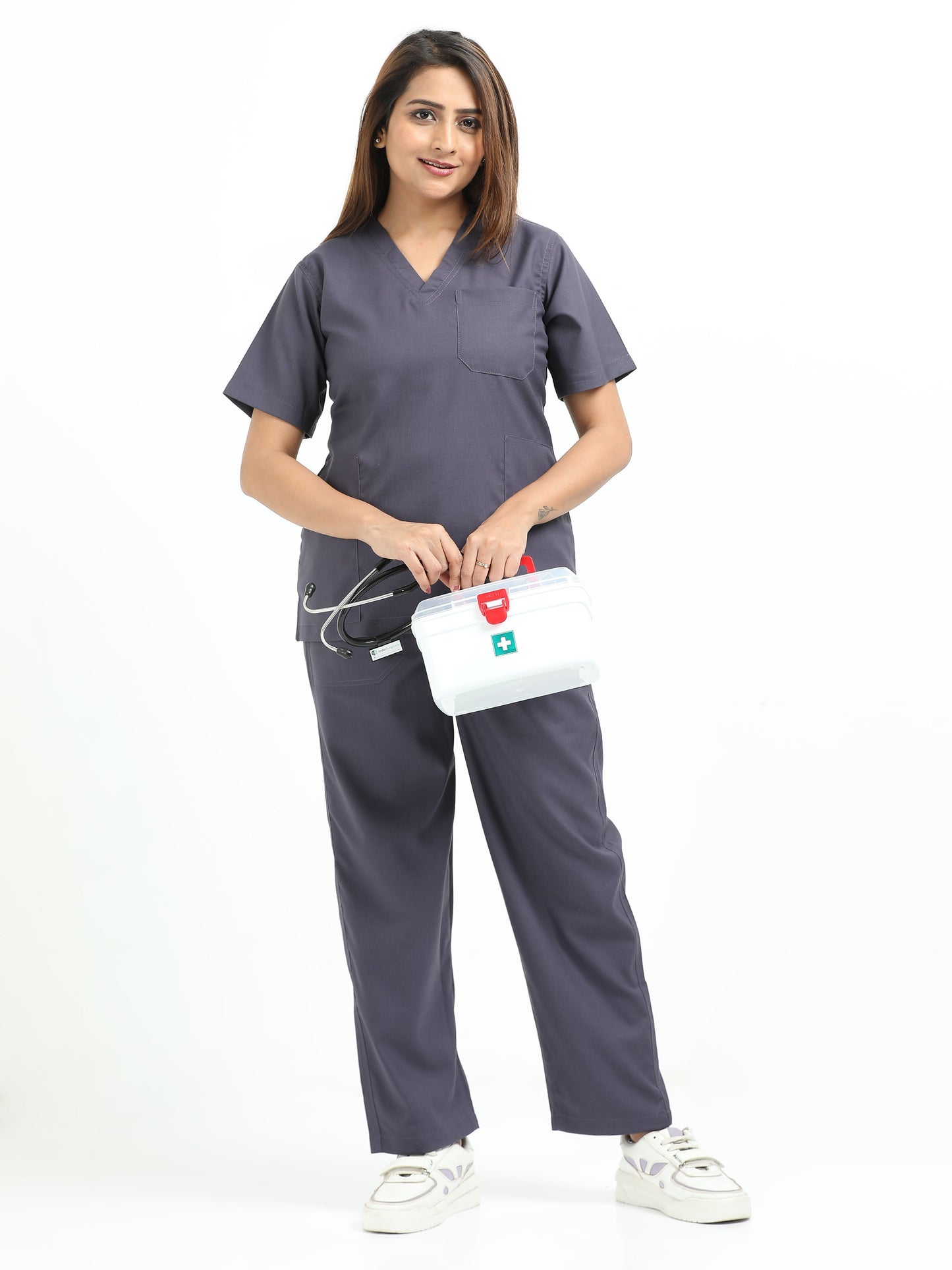 Women’s Heather Grey  Medical Scrub Set – V-Neck Top & Straight Pants | 2-Way Stretch, Antibacterial & Premium Comfort – Apollo