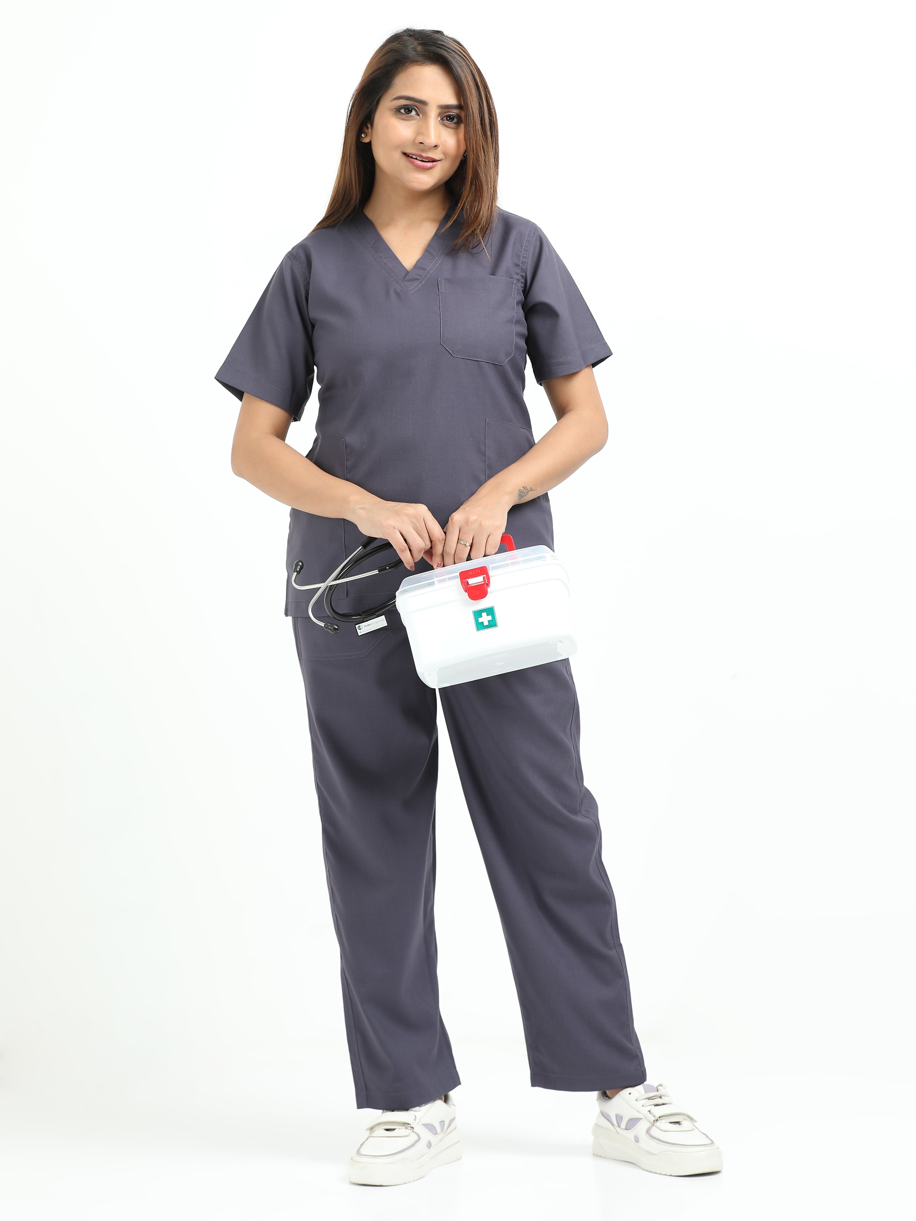 Women’s Heather Grey Medical Scrub Set – V-Neck Top & Straight Pants | Twill Fabric, Antibacterial & Premium Comfort – Eco Flex