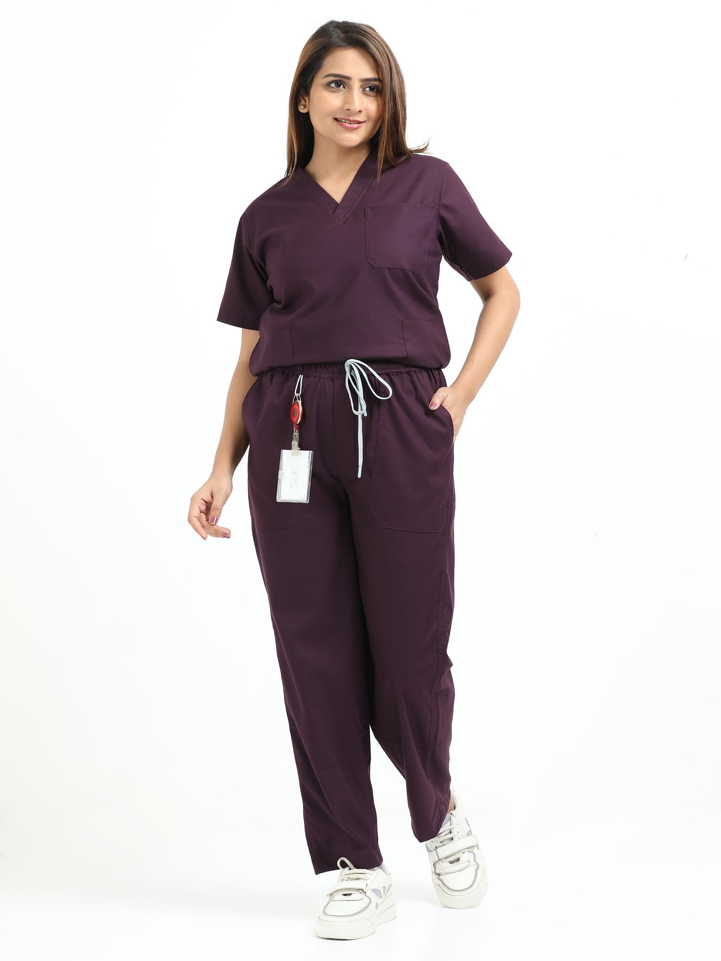 Women’s Wine Medical Scrub Set – V-Neck Top & Straight Pants | Twill Fabric, Breathable & Antibacterial – Eco Flex